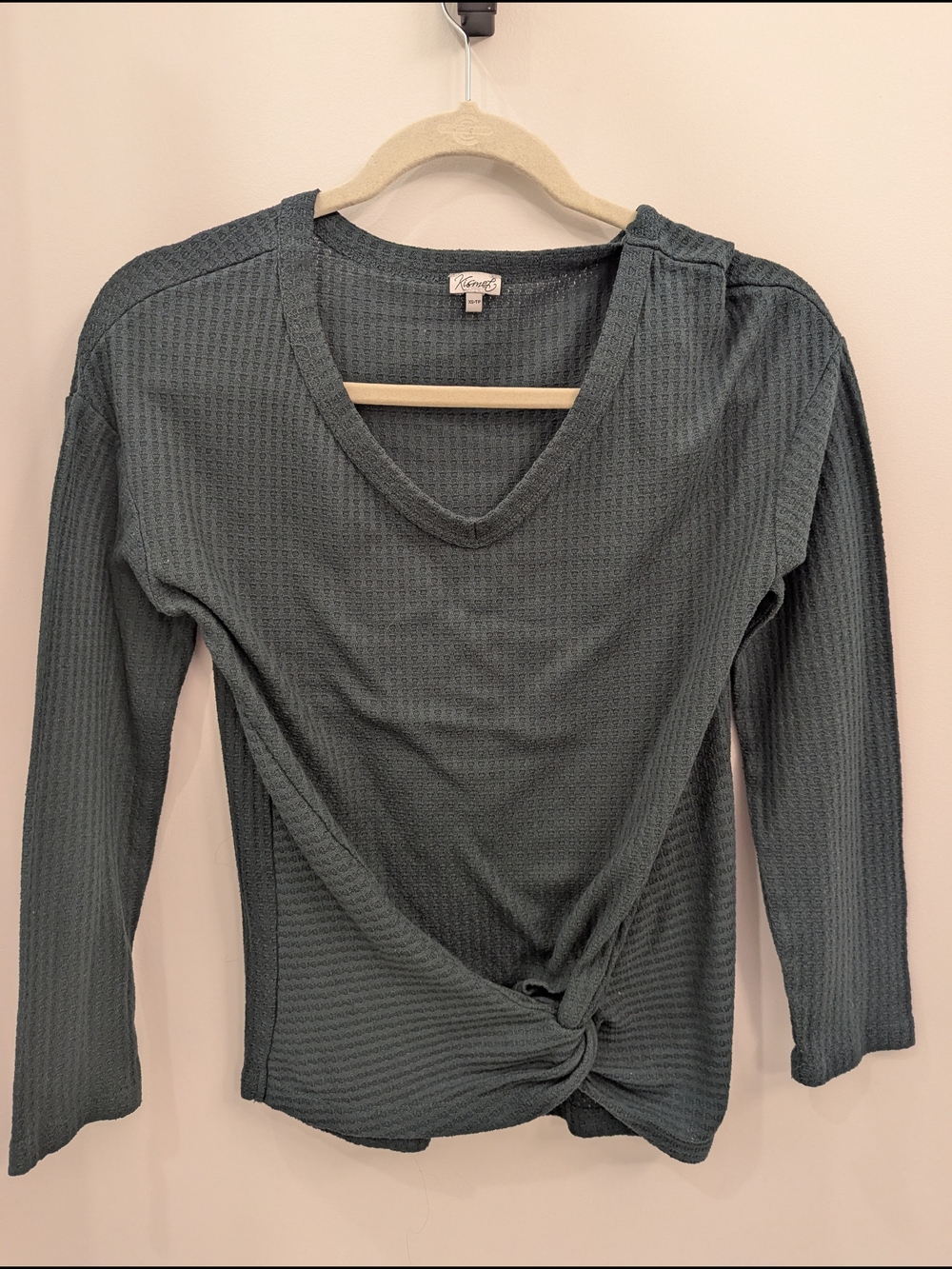 Kismet Slate Green Waffle Knit V‑Neck Long Sleeve Top with Front Twist